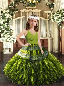Olive Green Ball Gowns Organza V-neck Sleeveless Appliques and Ruffles Floor Length Zipper Pageant Dress for Teens