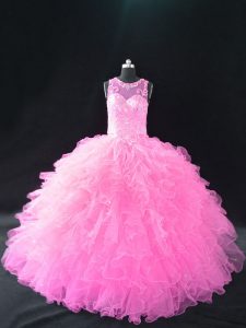 Baby Pink Scoop Lace Up Beading and Ruffles 15th Birthday Dress Sleeveless