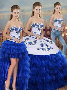 Royal Blue Sweetheart Lace Up Embroidery and Ruffled Layers and Bowknot Sweet 16 Dresses Sleeveless