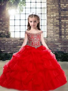 Ball Gowns Little Girl Pageant Gowns Red Off The Shoulder Organza and Tulle Sleeveless Floor Length Lace Up