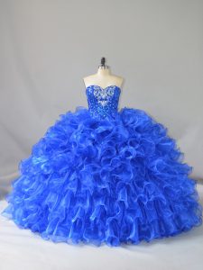 Gorgeous Royal Blue Quinceanera Gowns Sweet 16 and Quinceanera with Ruffles and Sequins Sweetheart Sleeveless Lace Up