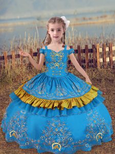 Super Off The Shoulder Sleeveless Lace Up Little Girl Pageant Gowns Baby Blue Satin