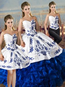 Blue And White Sweetheart Neckline Embroidery and Ruffles Ball Gown Prom Dress Sleeveless Lace Up