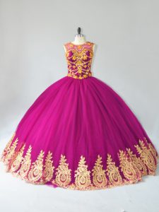 Scoop Sleeveless Lace Up Sweet 16 Quinceanera Dress Fuchsia Tulle