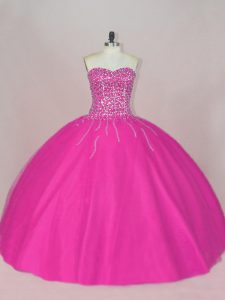 Fuchsia Ball Gowns Beading Casual Dresses Lace Up Tulle Sleeveless Asymmetrical