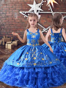 Royal Blue Satin and Organza Lace Up Child Pageant Dress Sleeveless Floor Length Embroidery and Ruffled Layers