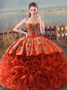 Floor Length Lace Up Quinceanera Gown Orange Red for Sweet 16 and Quinceanera with Embroidery and Ruffles Brush Train