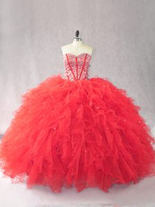 Nice Sweetheart Sleeveless Quinceanera Dress Floor Length Beading and Ruffles Red Tulle