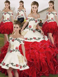 Classical White And Red Lace Up Sweet 16 Quinceanera Dress Embroidery and Ruffles Sleeveless Floor Length