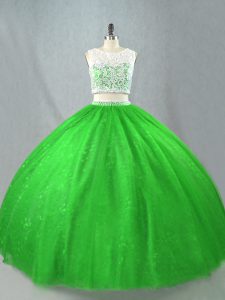 Two Pieces Ball Gown Prom Dress Green Scoop Tulle Sleeveless Floor Length Zipper