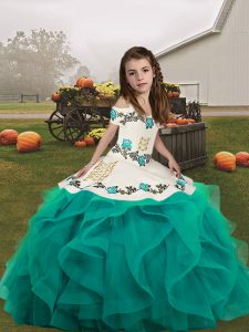 Classical Straps Sleeveless Tulle Child Pageant Dress Embroidery Lace Up