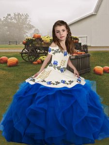 Floor Length Lace Up Little Girls Pageant Dress Wholesale Blue for Party and Wedding Party with Embroidery and Ruffles