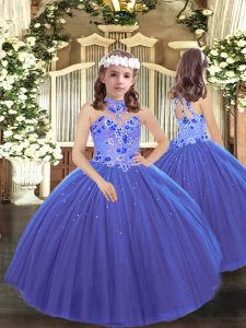 Gorgeous Blue Tulle Lace Up Little Girl Pageant Gowns Sleeveless Floor Length Appliques