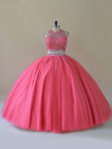 Latest Coral Red Backless Halter Top Beading Ball Gown Prom Dress Tulle Sleeveless