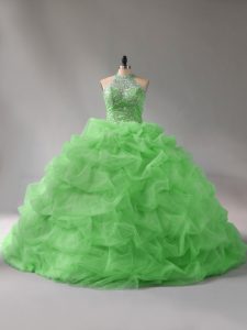 Beautiful Lace Up Halter Top Beading and Pick Ups Quinceanera Gowns Organza Sleeveless Court Train