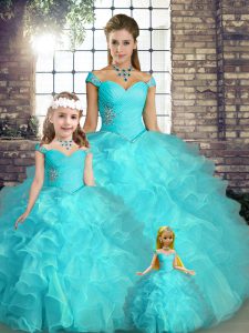 Flirting Floor Length Lace Up Vestidos de Quinceanera Aqua Blue for Military Ball and Sweet 16 and Quinceanera with Beading and Ruffles