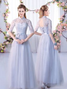 Grey Empire Tulle High-neck Half Sleeves Lace Floor Length Lace Up Dama Dress