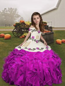 Fuchsia Sleeveless Floor Length Embroidery and Ruffles Lace Up Pageant Gowns For Girls