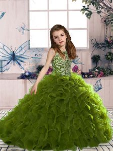 Olive Green Organza Lace Up Pageant Dress for Teens Sleeveless Floor Length Beading and Ruffles