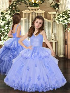 Latest Floor Length Lace Up Girls Pageant Dresses Lavender for Party and Sweet 16 and Wedding Party with Appliques