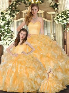 Latest Sleeveless Floor Length Beading and Ruffles Lace Up 15th Birthday Dress with Gold
