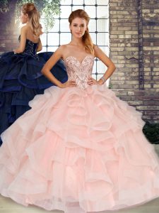 Customized Baby Pink Tulle Lace Up Quinceanera Gowns Sleeveless Floor Length Beading and Ruffles