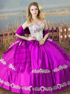Popular Purple Ball Gowns Sweetheart Sleeveless Satin Floor Length Lace Up Embroidery Quinceanera Dress