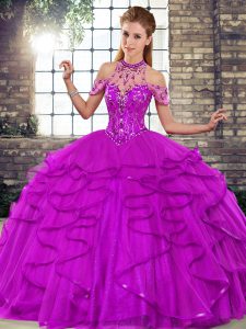 Exquisite Purple Tulle Lace Up 15 Quinceanera Dress Sleeveless Floor Length Beading and Ruffles