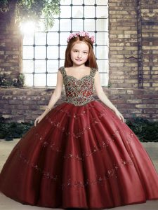 Low Price Red Lace Up Straps Beading Child Pageant Dress Tulle Sleeveless
