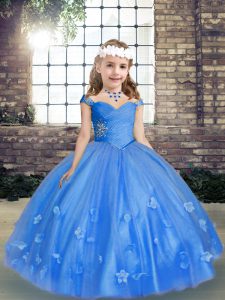 Excellent Blue Ball Gowns Straps Sleeveless Tulle Floor Length Lace Up Beading and Hand Made Flower Kids Formal Wear