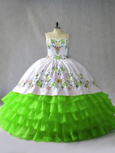 Sleeveless Satin and Organza Floor Length Lace Up Vestidos de Quinceanera in with Embroidery and Ruffled Layers