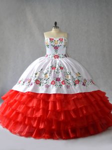 White And Red Ball Gowns Sweetheart Sleeveless Organza Floor Length Lace Up Embroidery and Ruffled Layers Quinceanera Dress