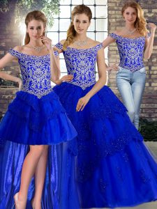 Royal Blue Off The Shoulder Neckline Beading and Lace 15th Birthday Dress Sleeveless Lace Up