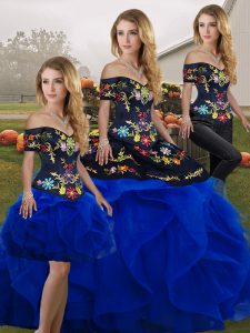 Attractive Floor Length Lace Up 15 Quinceanera Dress Royal Blue for Military Ball and Sweet 16 and Quinceanera with Embroidery and Ruffles