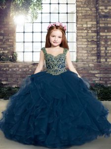 Superior Straps Sleeveless Little Girl Pageant Dress Beading and Ruffles Blue Tulle