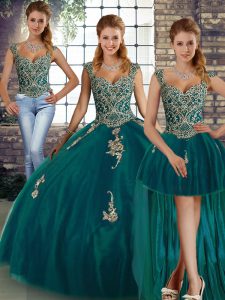 Sleeveless Floor Length Beading and Appliques Lace Up Sweet 16 Dress with Peacock Green
