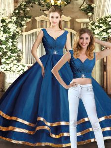 Latest Floor Length Two Pieces Sleeveless Navy Blue Quinceanera Gown Backless