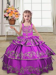 High Class Purple Lace Up Straps Embroidery and Ruffled Layers Pageant Gowns For Girls Satin Sleeveless