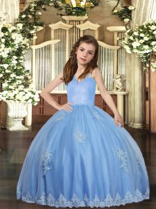 Baby Blue Tulle Lace Up Pageant Gowns For Girls Sleeveless Floor Length Appliques