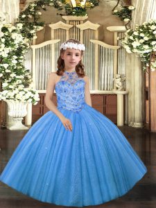 Baby Blue Lace Up Pageant Gowns For Girls Beading Sleeveless Floor Length