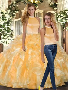 Sleeveless Floor Length Beading and Ruffles Backless Quince Ball Gowns with Gold