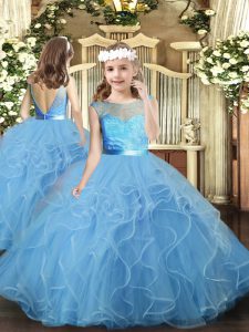 Trendy Floor Length Baby Blue Pageant Dresses Tulle Sleeveless Ruffles