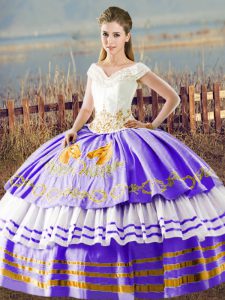 Affordable Embroidery and Ruffled Layers Sweet 16 Quinceanera Dress White And Purple Lace Up Sleeveless Floor Length