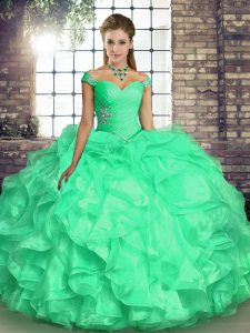Beautiful Floor Length Lace Up 15th Birthday Dress Turquoise for Military Ball and Sweet 16 and Quinceanera with Beading and Ruffles