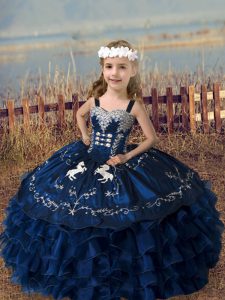 Excellent Navy Blue Ball Gowns Organza Straps Sleeveless Embroidery and Ruffled Layers Floor Length Lace Up Kids Pageant Dress