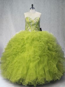 Wonderful Olive Green Ball Gowns Sweetheart Sleeveless Tulle Floor Length Lace Up Beading and Ruffles Juniors Party Dress
