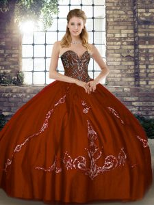 Brown Sweetheart Neckline Beading and Embroidery Quince Ball Gowns Sleeveless Lace Up