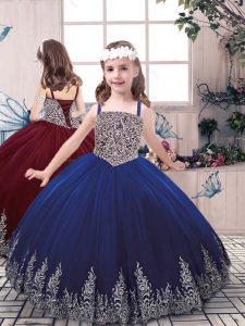 Blue Lace Up Straps Beading and Embroidery Pageant Gowns For Girls Tulle Sleeveless