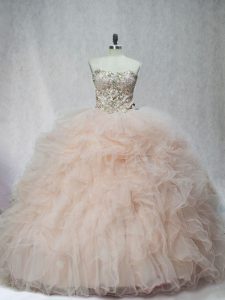 Champagne Sweetheart Neckline Beading and Ruffles 15th Birthday Dress Sleeveless Lace Up