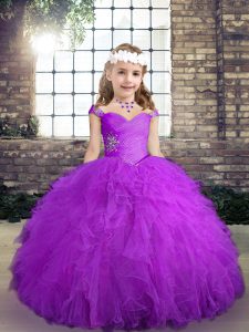 Purple Lace Up Straps Beading and Ruffles Kids Formal Wear Tulle Sleeveless